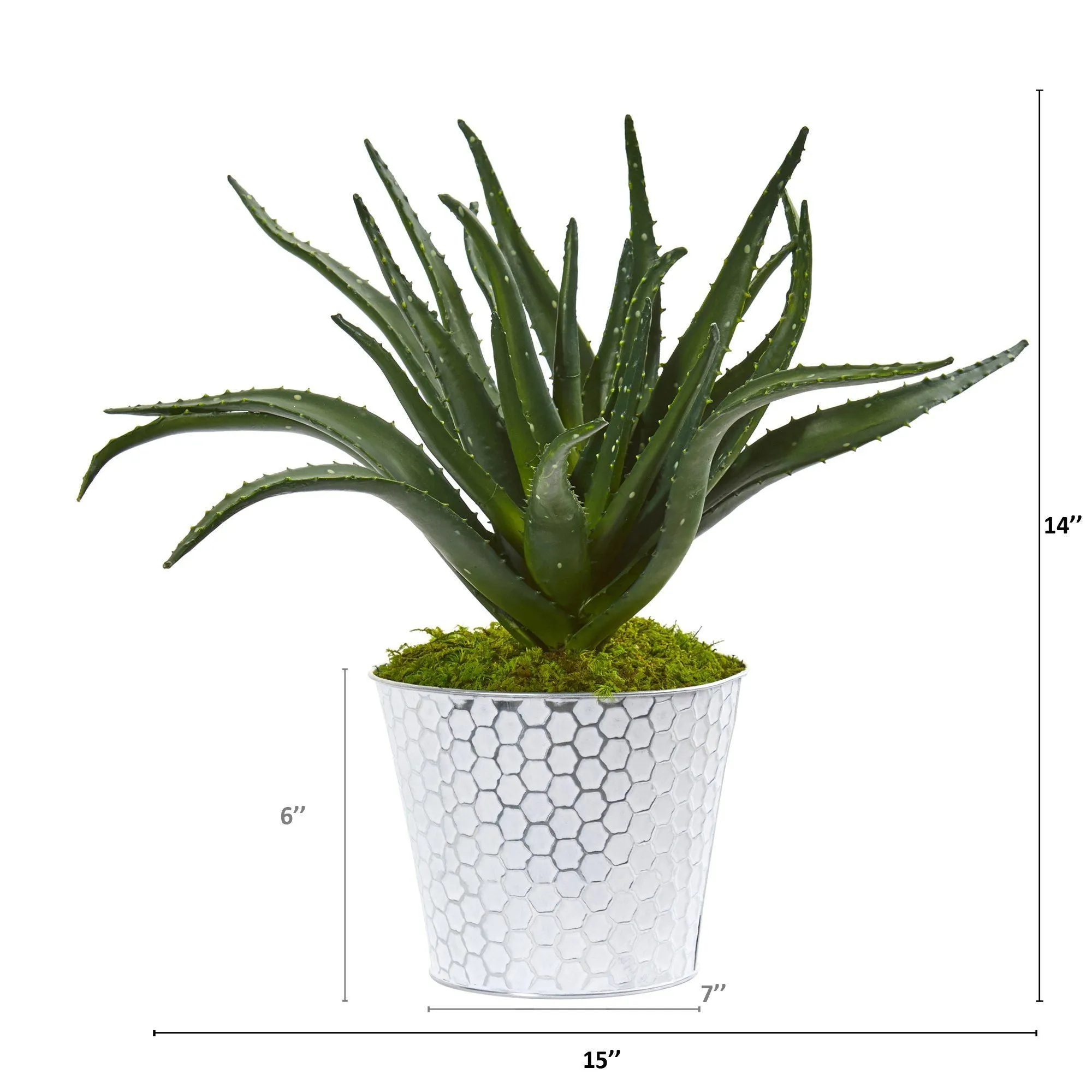 14” Aloe Artificial Plant in White and Tin Embossed Planter