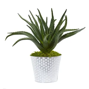 14” Aloe Artificial Plant in White and Tin Embossed Planter