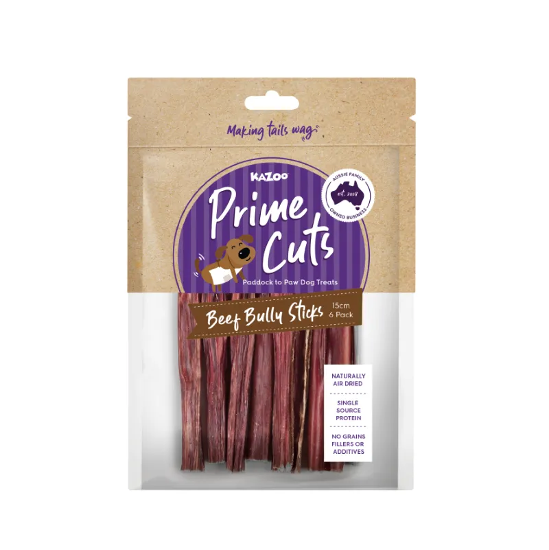 Kazoo Prime Cuts Beef Bully Stick 15cm 6pk