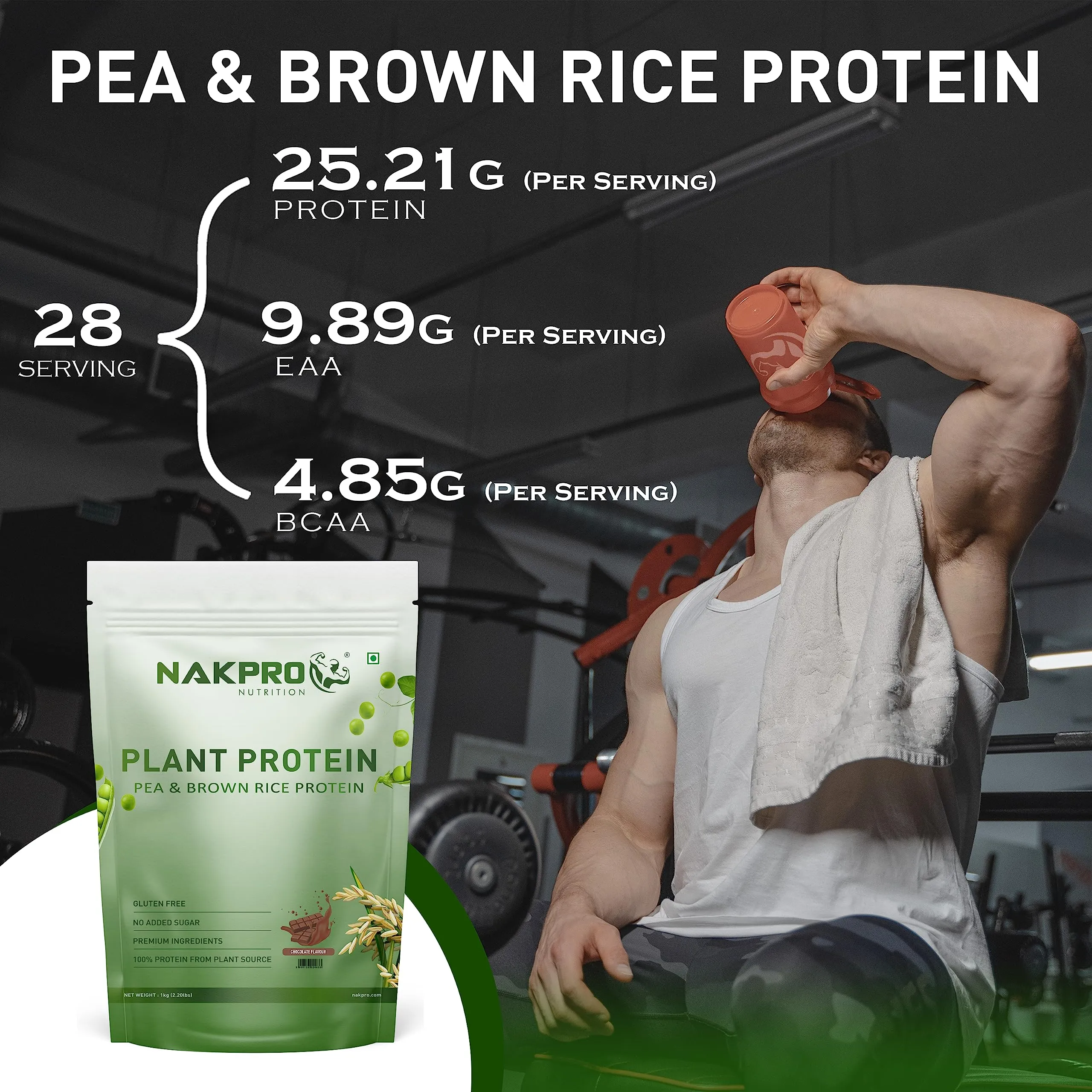 NAKPRO Vegan Plant Protein Powder| 25.21g Protein, 4.85g BCAA | Pea Protein and Brown Rice Protein Powder for Muscle Gain and Recovery | Plant based Protein for Men & Women (Chocolate, 1Kg)