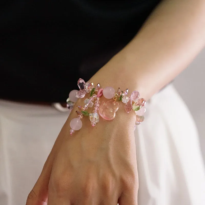 Natural Pink Crystal Quartz Fox Dangle Charm Bracelet