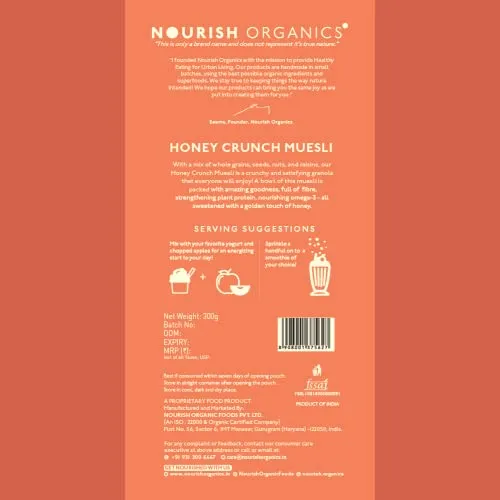 Nourish Organics Honey Crunch Muesli, 300g Pack | Healthy and Nutritious Breakfast Cereals with Whole Nuts | No Refined Sugar | Clean Label