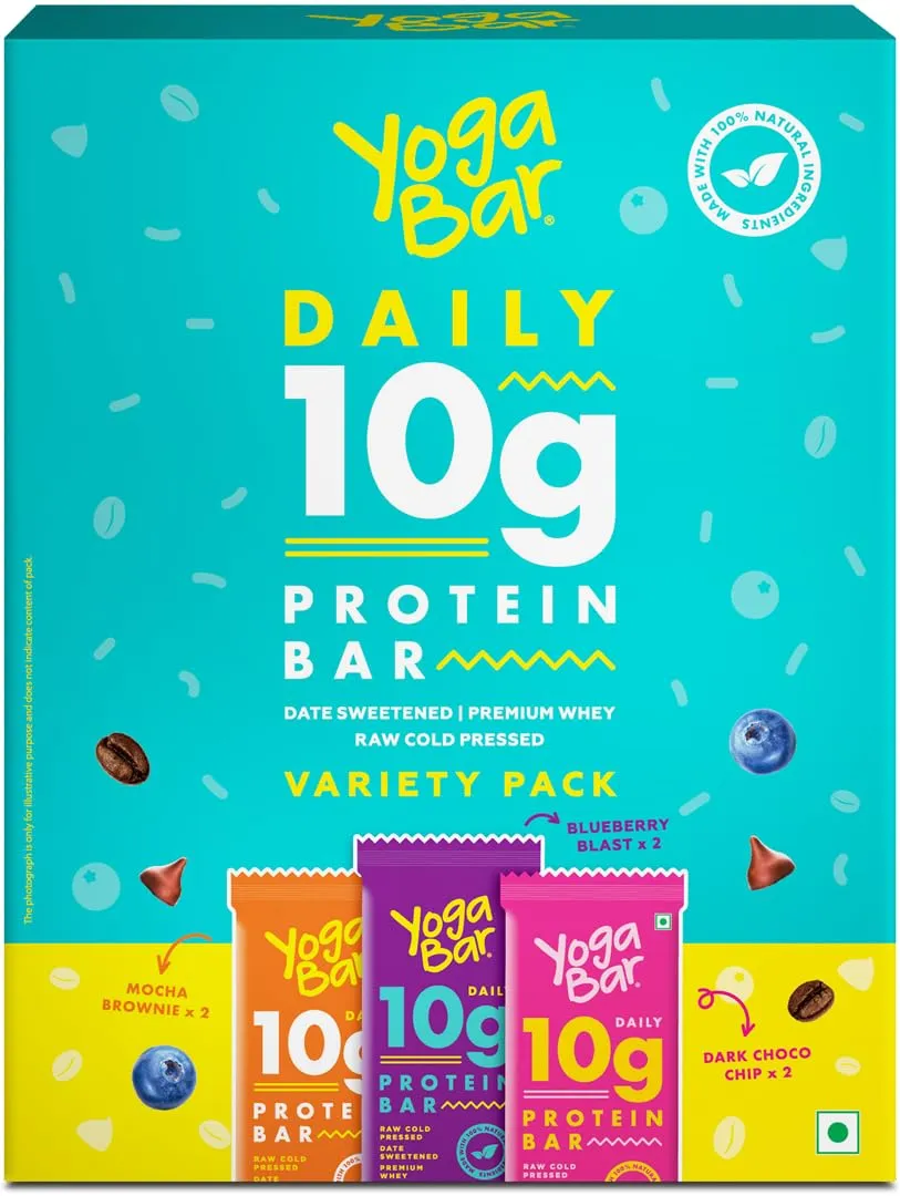 Yogabar Variety Pack 10 grams Protein Bars [Pack of 6], Protein Blend & Premium Whey,100% Veg, Rich Protein Bar with Date, Vitamins, Fiber, Energy & Immunity for fitness.